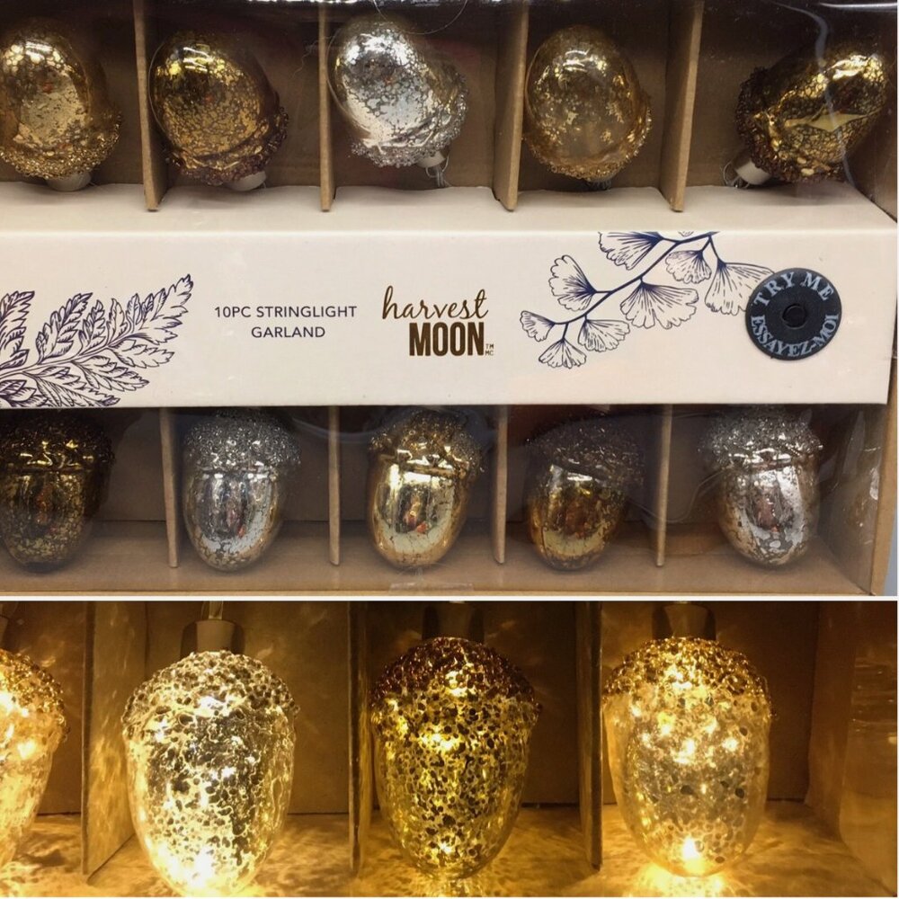 Mercury Glass Acorn Beaded LED String Lights Garland Fall Thanksgiving Decor 10'